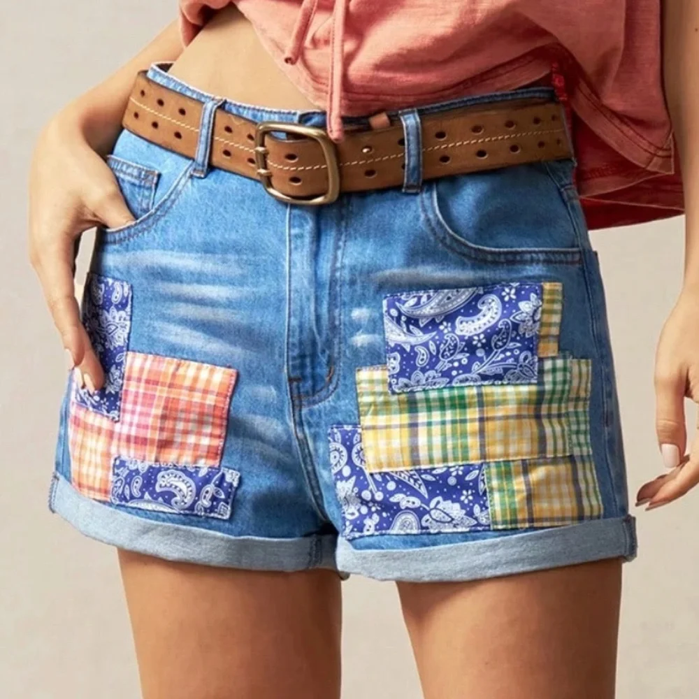 Medium Wash Paisley Floral Print Patch Cuff Denim jean Shorts